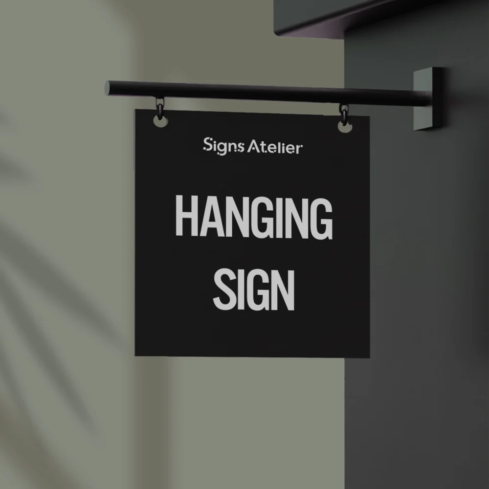 An image of the Custom Hanging Sign product hanging on the wall with a logo printed on it.