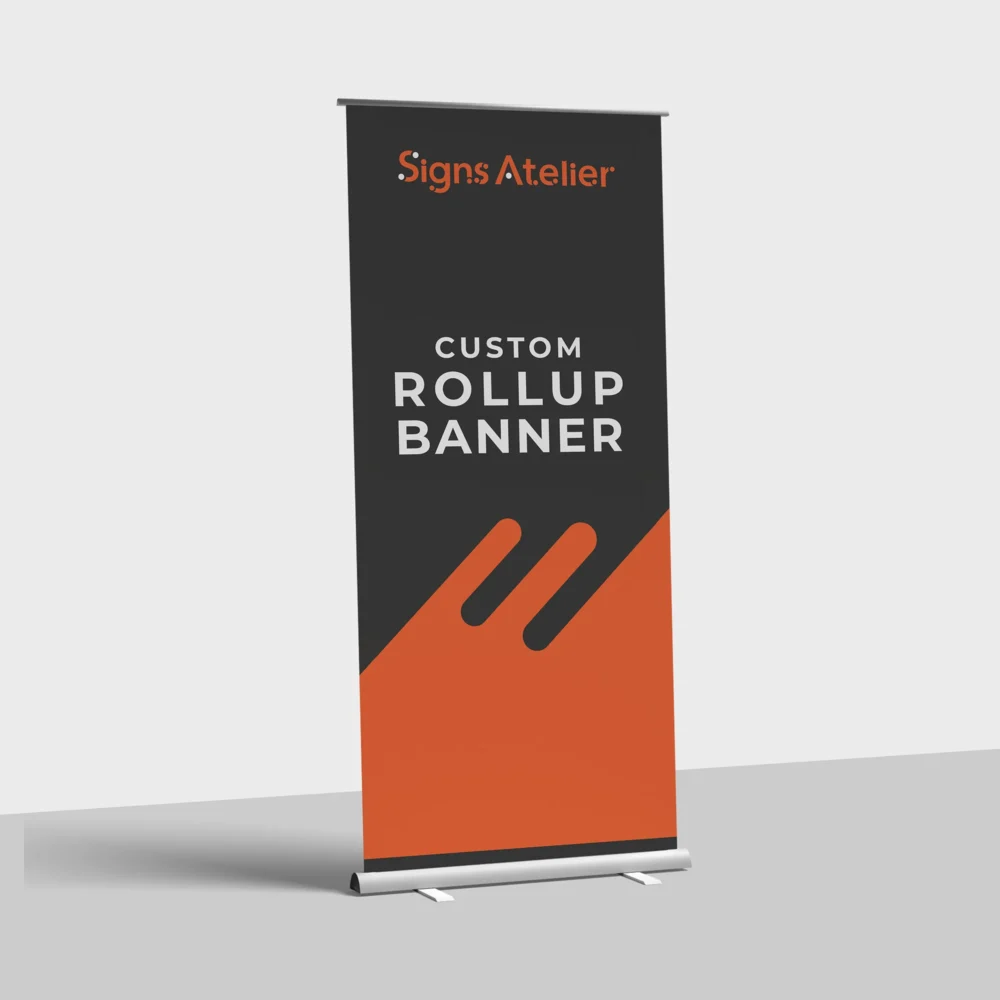 An image of a custom rollup banner product with a logo print.