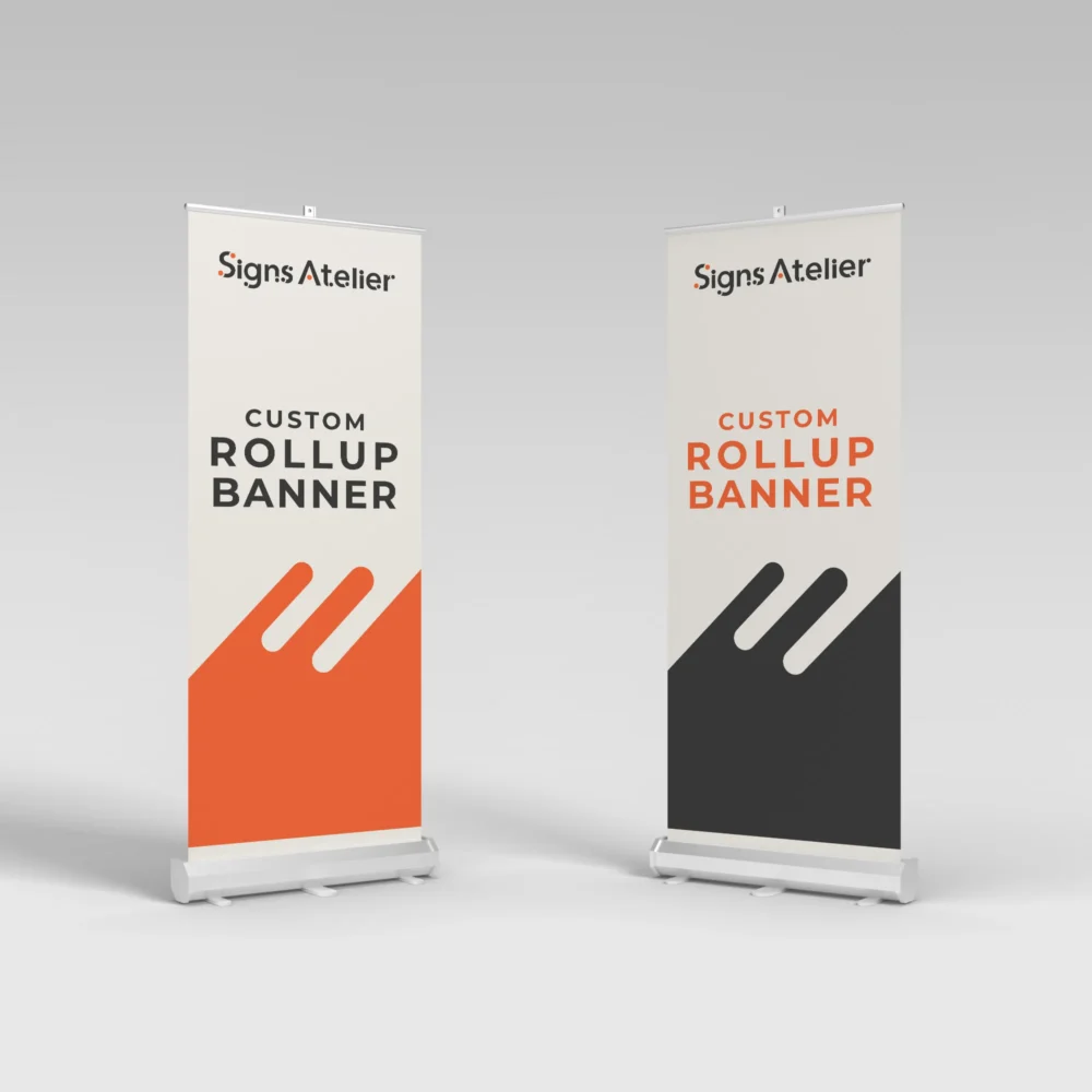 An image of a custom rollup banner product with a logo print.