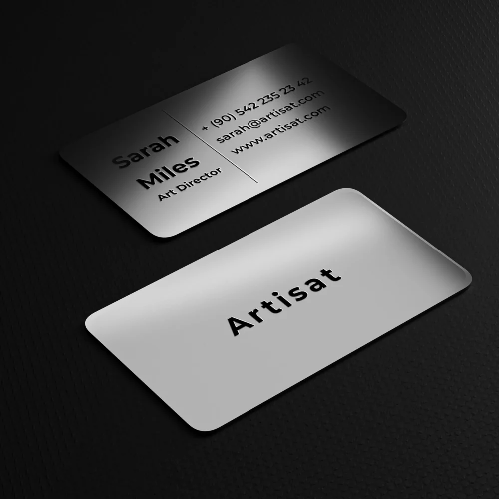 Customised silver coloured Metal Business Cards with engraving