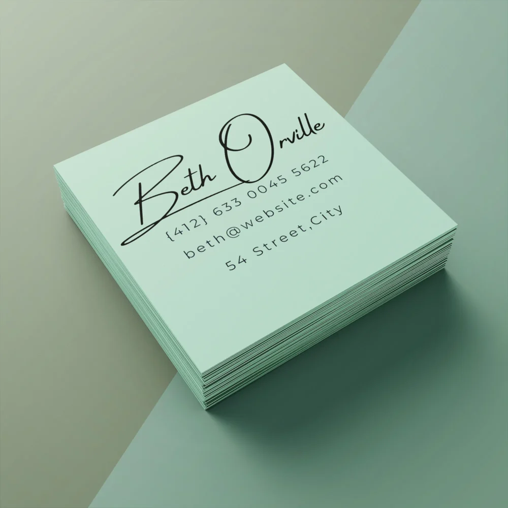 a deck of mint green square-cut Die Cut Business Cards