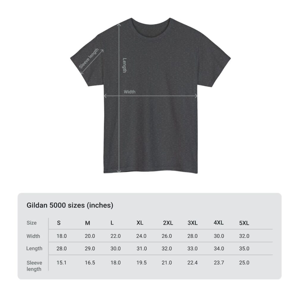 An image of the Custom Unisex Heavy Cotton Tee product. The image also includes the size chart.