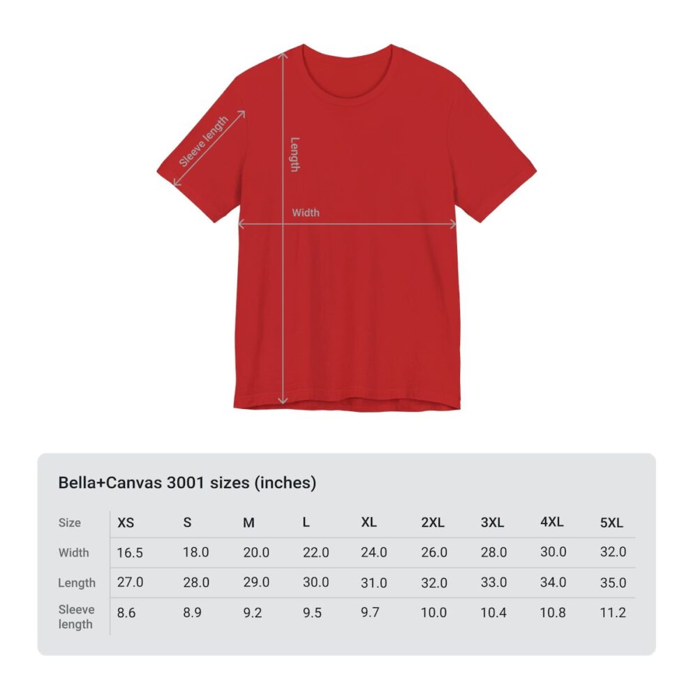 An image of the Custom Jersey Short Sleeve Tee product. The image also includes size measurements.