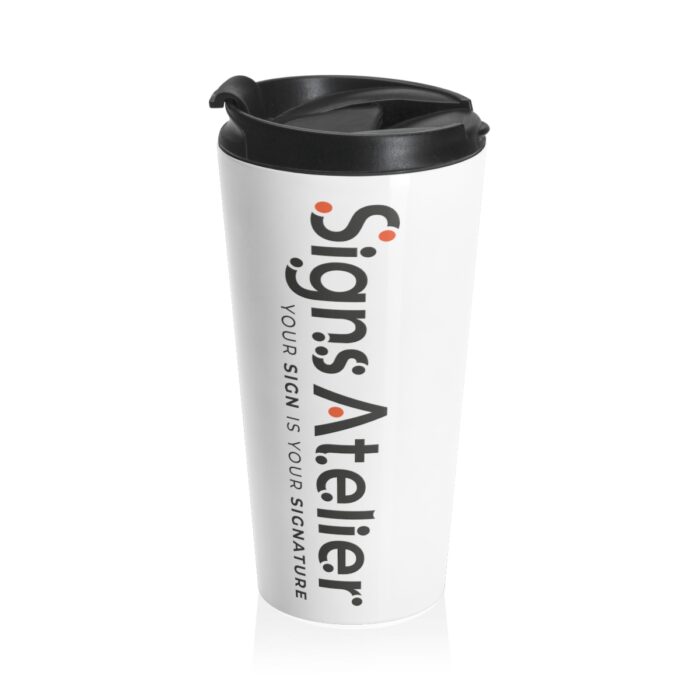 An image of the Custom Stainless Steel Mug product. The image features the SignsAtelier logo.