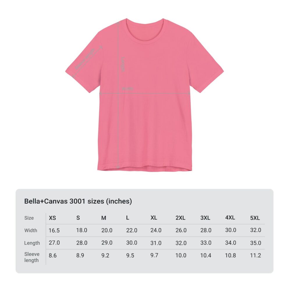 An image of the Custom Jersey Short Sleeve Tee product. The image also includes size measurements.