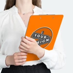 A colorful image of the Custom Design Clipboards product, including a person holding the product.