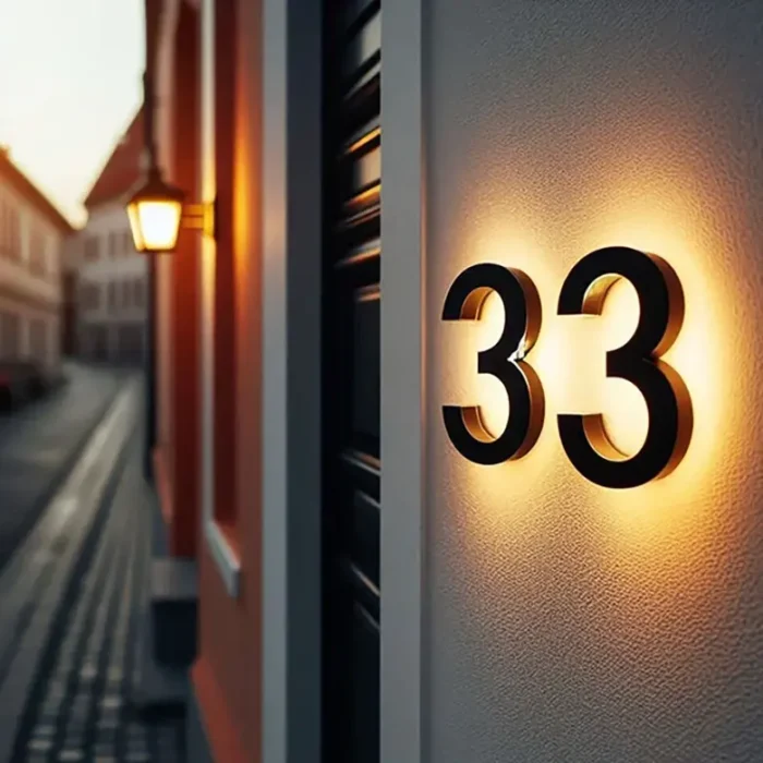 Image of a backlit house numbers hung on the wall of a house.