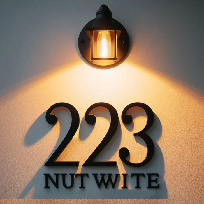 An image of the Acrylic House Numbers product with the letter 223. The product is hanging on the wall of a house.