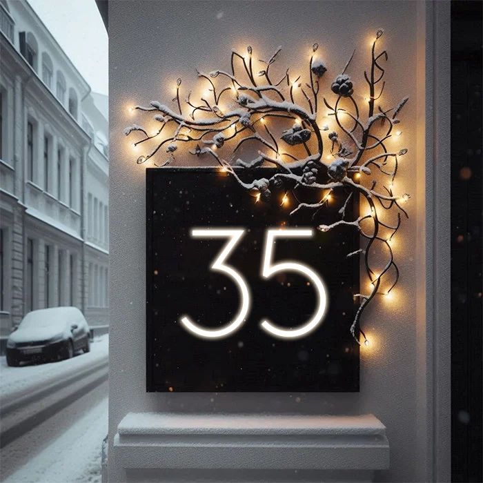 An image of the LED House Numbers product. The product is hanging on the wall of a house.