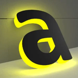 Sidelit channel letter A with black front illuminated with yellow LEDs