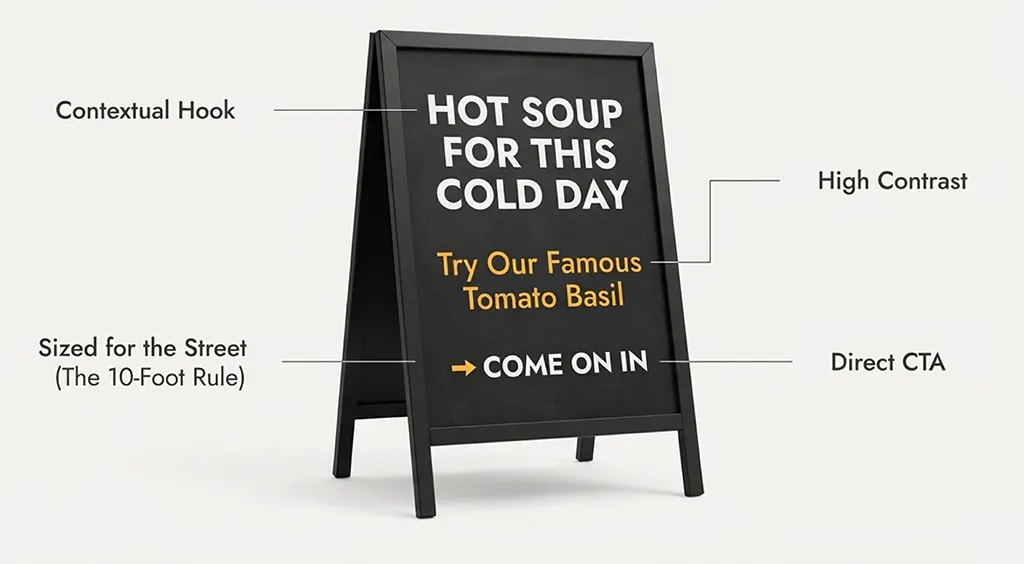 The image shows a black A-frame sidewalk sign used for marketing, with text explaining effective advertising principles. It features the following elements.